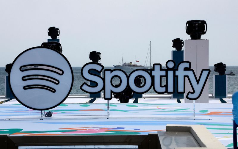 &copy; Reuters. A logo of Spotify is seen on a beach during the Cannes Lions International Festival of Creativity in Cannes, France, June 20, 2023. REUTERS/Eric Gaillard/File Photo