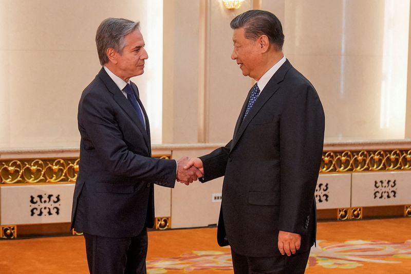 &copy; Reuters.  ４月２６日、中国の習近平国家主席は北京でブリンケン米国務長官と会談した＝写真。代表撮影（２０２４年　ロイター）