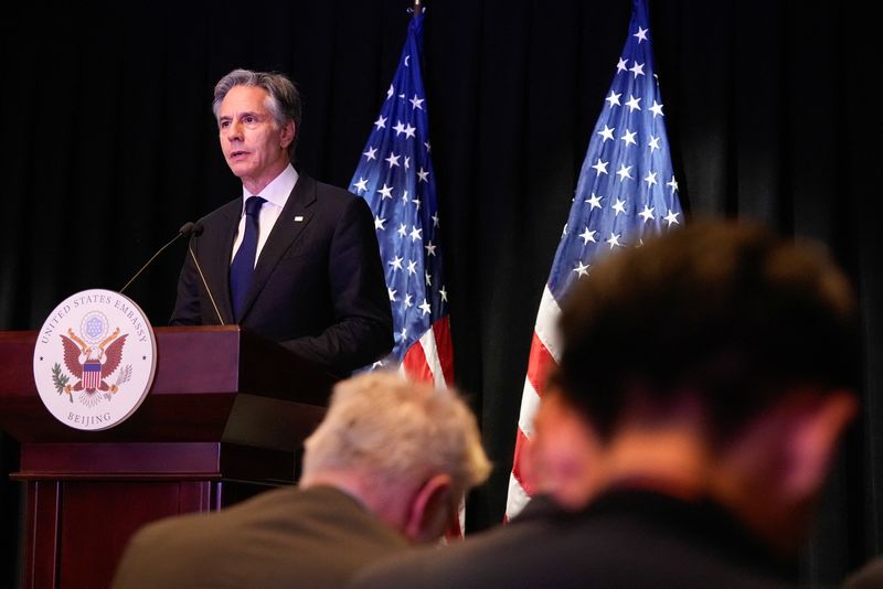 &copy; Reuters. U.S. Secretary of State Antony Blinken speaks during a press conference at the U.S. Embassy in Beijing, China, April 26, 2024. Mark Schiefelbein/Pool via REUTERS