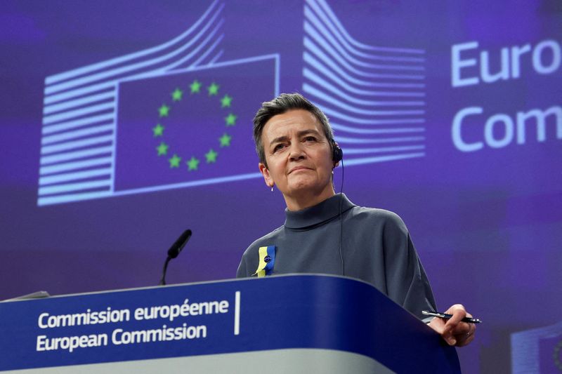 &copy; Reuters. FILE PHOTO: European Commissioner for Europe fit for the Digital Age Margrethe Vestager attends a press conference presenting plans to boost the European Union's arms industry in Brussels, Belgium March 5, 2024. REUTERS/Yves Herman/File Photo