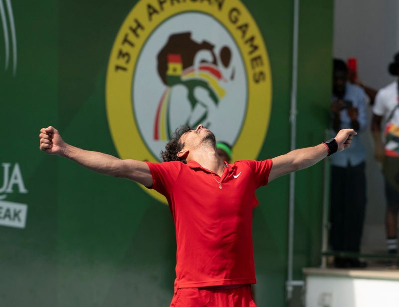 &copy; Reuters. Foto de archivo del tenista tunecino Moez Echargui celebrando tras ganar los Juegos Africanos en Ghana 
March 22, 2024. Bernard Nii Bortey/International Tennis Federation/Handout via Reuters