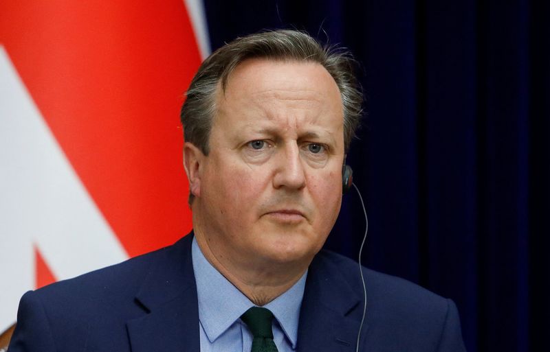 © Reuters. FILE PHOTO: Britain's Foreign Secretary David Cameron speaks during a press conference following talks with Kyrgyzstan's Foreign Minister Jeenbek Kulubayev in Bishkek, Kyrgyzstan, April 22, 2024. REUTERS/Vladimir Pirogov/File Photo
