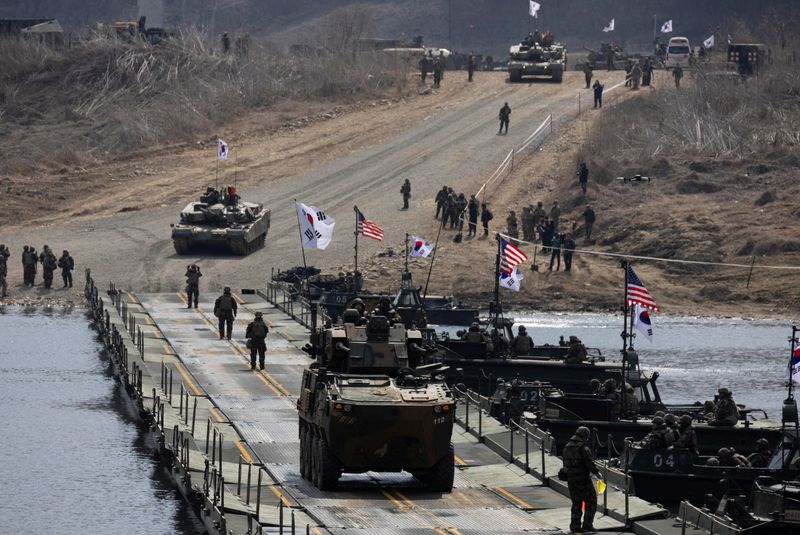 &copy; Reuters. FILE PHOTO: South Korean Anti-Aircraft Gun Wheeled Vehicle System participates in the joint river-crossing exercise conducted for South Korean and US soldiers in Yeoncheon, Gyeonggi province, South Korea, 20 March 2024. JEON HEON-KYUN/Pool via REUTERS/Fil