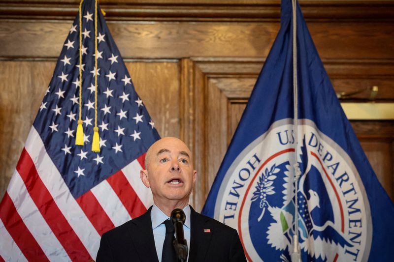 &copy; Reuters. FILE PHOTO: Department of Homeland Security (DHS) Secretary Alejandro Mayorkas speaks during a news conference regarding the Know2Protect program in New York City, U.S., April 17, 2024.  REUTERS/Brendan McDermid/File Photo