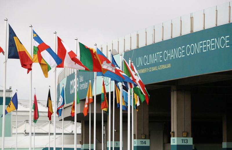 © Reuters. Flags fly near a venue of the COP29 United Nations climate change conference, in Baku, Azerbaijan November 20, 2024. REUTERS/Aziz Karimov