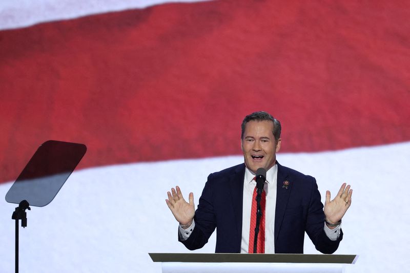 © Reuters. FILE PHOTO: Rep. Michael Waltz (FL) gestures on Day 3 of the Republican National Convention (RNC), at the Fiserv Forum in Milwaukee, Wisconsin, U.S., July 17, 2024. REUTERS/Mike Segar/File Photo