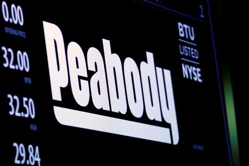 © Reuters. The logo and trading information for U.S. coal miner Peabody Energy Corp. are displayed on a screen on the floor of the New York Stock Exchange (NYSE) in New York, U.S., April 4, 2017.  REUTERS/Brendan McDermid/File Photo