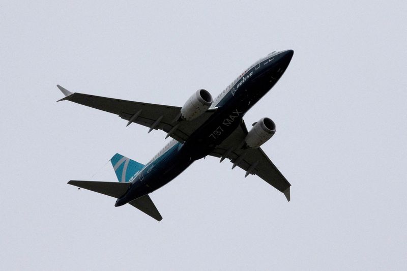 © Reuters. FILE PHOTO: A Boeing 737 MAX airplane takes off on a test flight from Boeing Field in Seattle, Washington, U.S., June 29, 2020.  REUTERS/Karen Ducey/File Photo