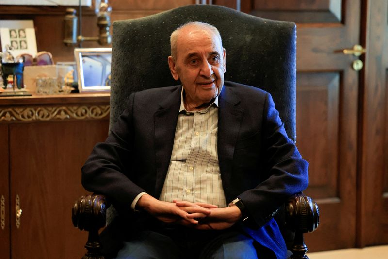 &copy; Reuters. FILE PHOTO: Lebanese Parliament Speaker Nabih Berri meets with Ali Larijani, former chairman of the parliament of Iran (not pictured), in Beirut, Lebanon November 15, 2024. REUTERS/Thaier Al-Sudani/File Photo