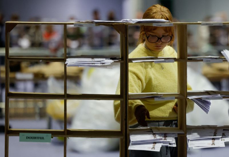 © Reuters. An electoral worker sorts through ballot papers, during Ireland's general election, at the Royal Dublin Society (RDS) count centre, in Dublin, Ireland, November 30, 2024. REUTERS/Clodagh Kilcoyne