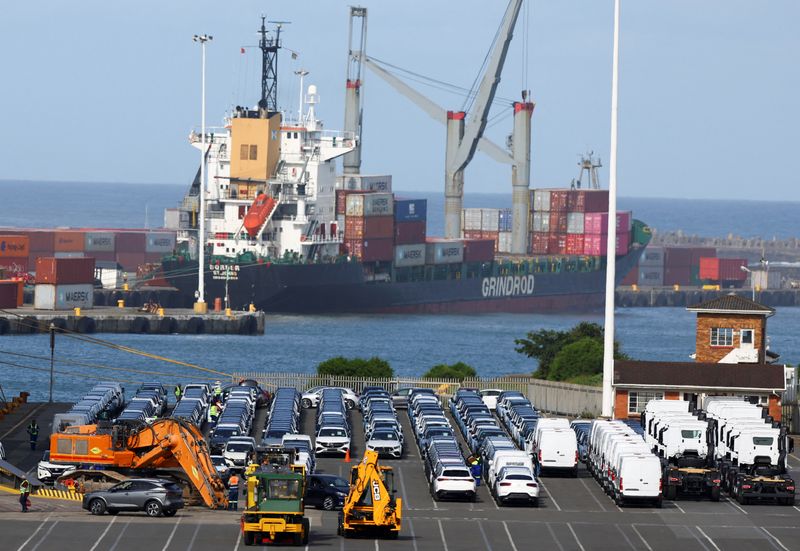 &copy; Reuters. FILE PHOTO: Workers inspect cars newly manufactured from a nearby plant before being loaded on a cargo ship at a port, in East London, in the Eastern Cape province, South Africa, March 19, 2023. REUTERS/Siphiwe Sibeko/File Photo