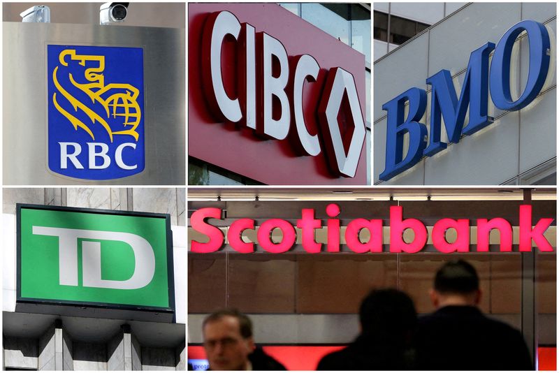 © Reuters. FILE PHOTO: A combination photo shows Canadian investment banks RBC, CIBC, BMO, TD and Scotiabank in Toronto, Ontario, Canada on March 16, 2017 and June 19, 2024. REUTERS/Chris Helgren/Blair Gable/File Photo