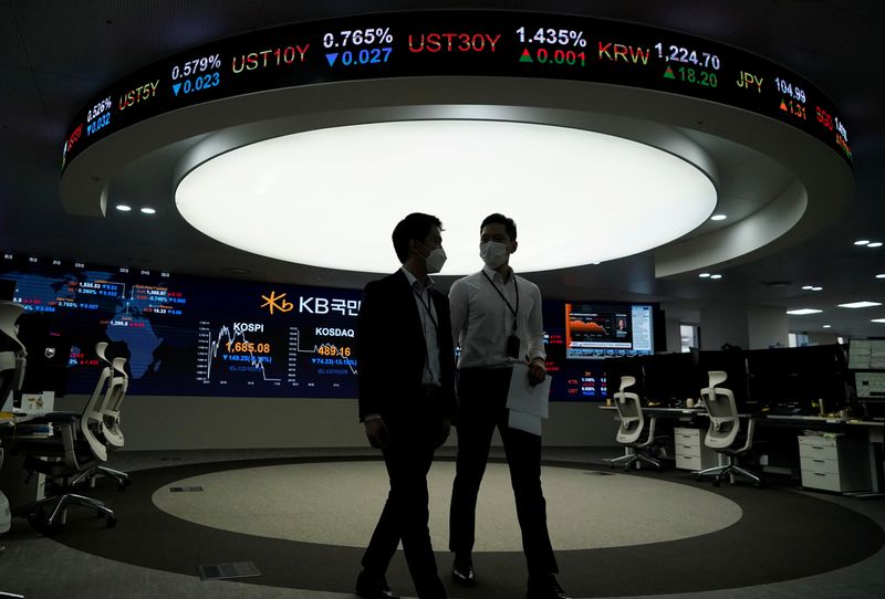 © Reuters. FILE PHOTO: An electronic board shows the Korea Composite Stock Price Index (KOSPI) at a dealing room of a bank in Seoul, South Korea, March 13, 2020. REUTERS/Kim Hong-Ji/File Photo