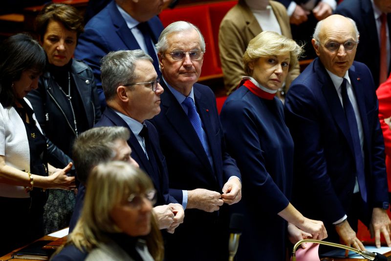 &copy; Reuters. French Prime Minister Michel Barnier and members of the French government attend the questions to the government session before a vote on no-confidence motion against the French government at the National Assembly in Paris, France, December 4, 2024. REUTE