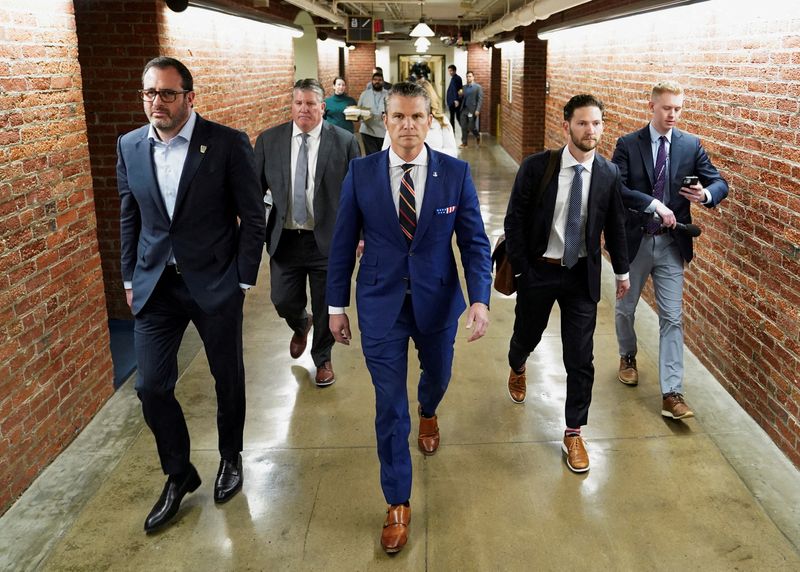 &copy; Reuters. FILE PHOTO: Defense secretary nominee Pete Hegseth departs following a meeting on Capitol Hill in Washington, U.S., November 21, 2024. REUTERS/Nathan Howard/File Photo