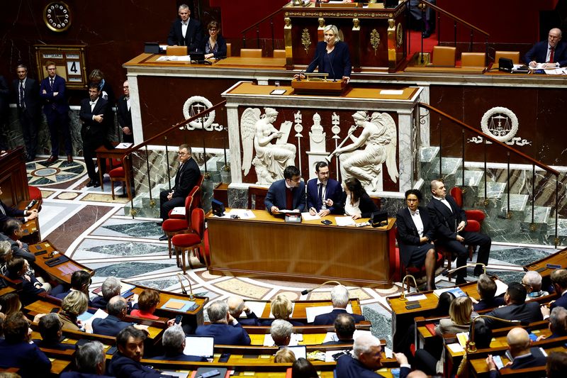 © Reuters. French far-right leader and member of parliament Marine Le Pen, President of the French far-right National Rally (Rassemblement National - RN) party parliamentary group, delivers a speech during a debate on two motions of no-confidence against the French government, tabled by the alliance of left-wing parties the 