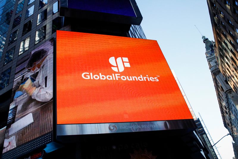 &copy; Reuters. FILE PHOTO: A screen displays the company logo for semiconductor and chipmaker GlobalFoundries Inc. during the company's IPO at the Nasdaq MarketSite in Times Square in New York City, U.S., October 28, 2021.  REUTERS/Brendan McDermid/File Photo