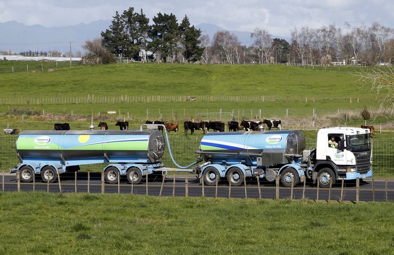 &copy; Reuters. FILE PHOTO: A Fonterra milk tanker drives past dairy cows as it arrives at Fonterra's Te Rapa plant near Hamilton, New Zealand August 6, 2013. REUTERS/Nigel Marple/File Photo