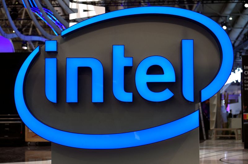 &copy; Reuters. FILE PHOTO: Intel's logo is pictured during preparations at the CeBit computer fair, which will open its doors to the public on March 20, at the fairground in Hanover, Germany, March 19, 2017.  REUTERS/Fabian Bimmer/File Photo