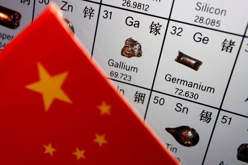 © Reuters. FILE PHOTO: The flag of China is placed next to the elements of Gallium and Germanium on a periodic table, in this illustration picture taken on July 6, 2023. REUTERS/Florence Lo/Illustration/File Photo