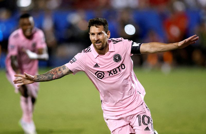 &copy; Reuters. FILE PHOTO: Aug 6, 2023; Frisco, TX, USA; Inter Miami CF forward Lionel Messi (10) reacts after scoring in the second half against FC Dallas at Toyota Stadium. Mandatory Credit: Tim Heitman-USA TODAY Sports/File Photo