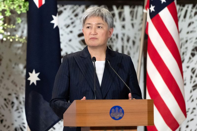 © Reuters. FILE PHOTO: Australia's Foreign Minister Penny Wong speaks during a joint news conference with India's Foreign Minister Subrahmanyam Jaishankar, Japan's Foreign Minister Yoko Kamikawa and U.S. Secretary of State Antony Blinken at the Iikura Guest House in Tokyo, Japan, July 29, 2024. Tomohiro Ohsumi/ Pool via REUTERS/File photo