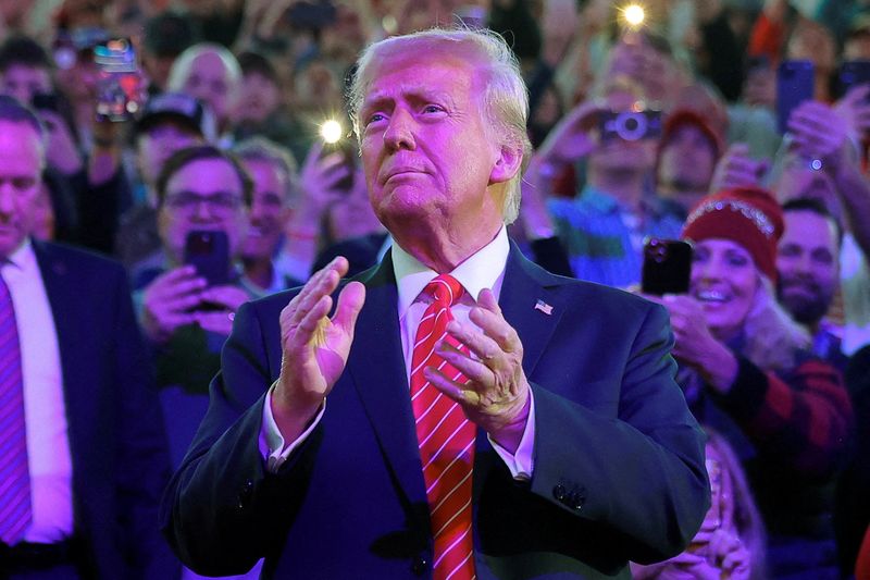 © Reuters. FILE PHOTO: US President-elect Donald Trump arrives for a rally the day before his inauguration for a second term, in Washington, US, on January 19, 2025. REUTERS/Carlos Barria/File Photo