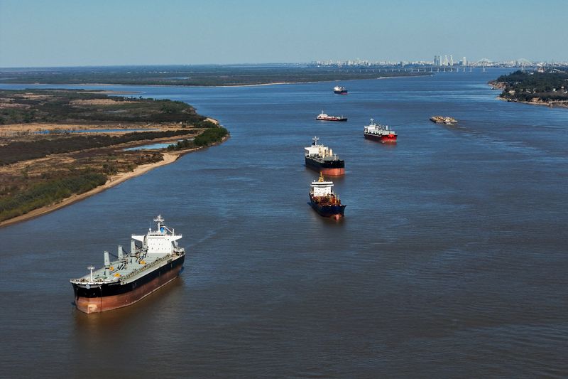 © Reuters. FILE PHOTO: A drone view shows ships used to transport grain for export on the Parana River, in Rosario, Argentina August 9, 2024. REUTERS/Matias Baglietto/File photo