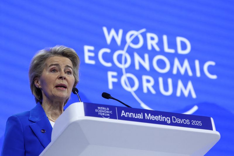 &copy; Reuters. Presidente da Comissão Europeia, Ursula von der Leyen, durante Fórum Econômico Mundial, em Davos, na Suíçan21/01/2025nREUTERS/Yves Herman