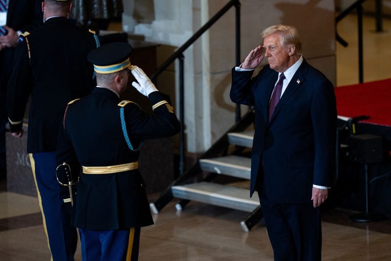 &copy; Reuters. FILE PHOTO: President Donald Trump reviews the troops in Emancipation Hall during inauguration ceremonies at the U.S. Capitol in Washington, on Jan. 20, 2025.  Angelina Katsanis/Pool via REUTERS/File Photo