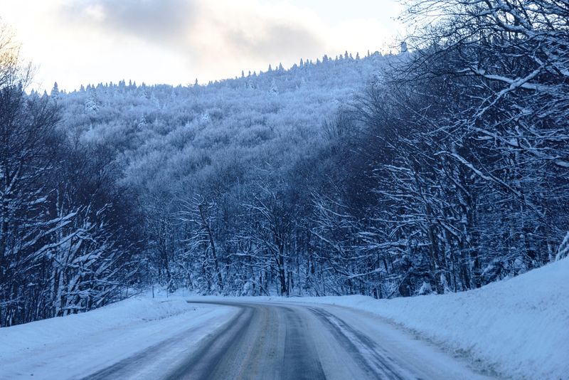 &copy; Reuters. A snow-covered road winds through frost-laden trees in Jay, Vermont, U.S., as freezing temperatures grip the region, January 21, 2025. REUTERS/Carlos Osorio