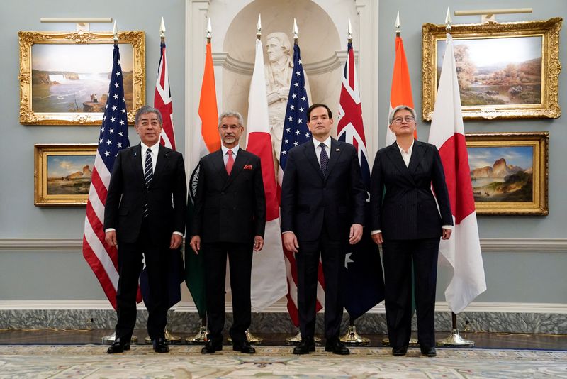 © Reuters. US Secretary of State Marco Rubio meets with Indian External Affairs Minister Dr. Subramaniam Jaishankar, Australian Foreign Minister Penny Wong, and Japanese Foreign Minister Iwaya Takeshi at the State Department in Washington, US, January 21, 2025. REUTERS/Elizabeth Frantz