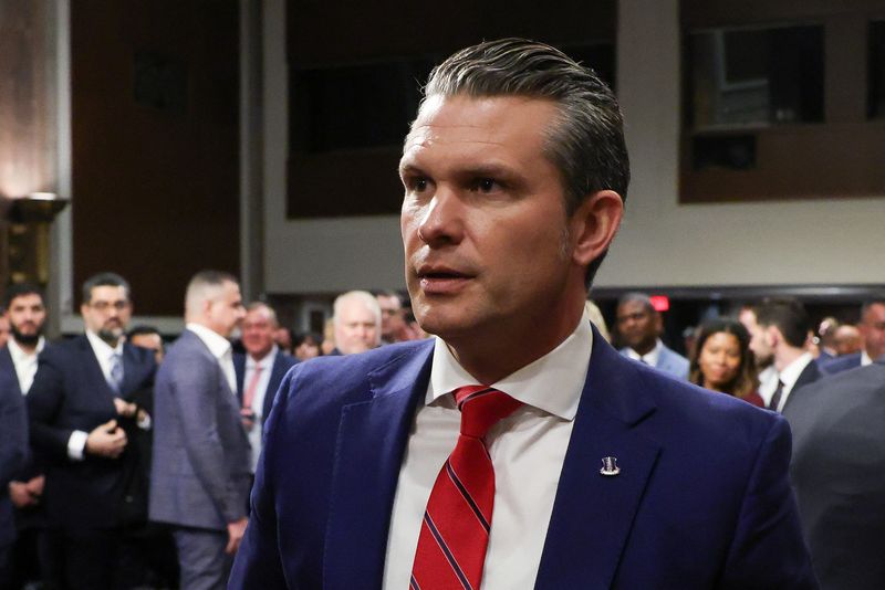  Pete Hegseth, U.S. President-elect Donald Trump's nominee to be secretary of defense, leaves a Senate Committee on Armed Services confirmation hearing on Capitol Hill in Washington, U.S., January 14, 2025. REUTERS/Evelyn Hockstein/File Photo