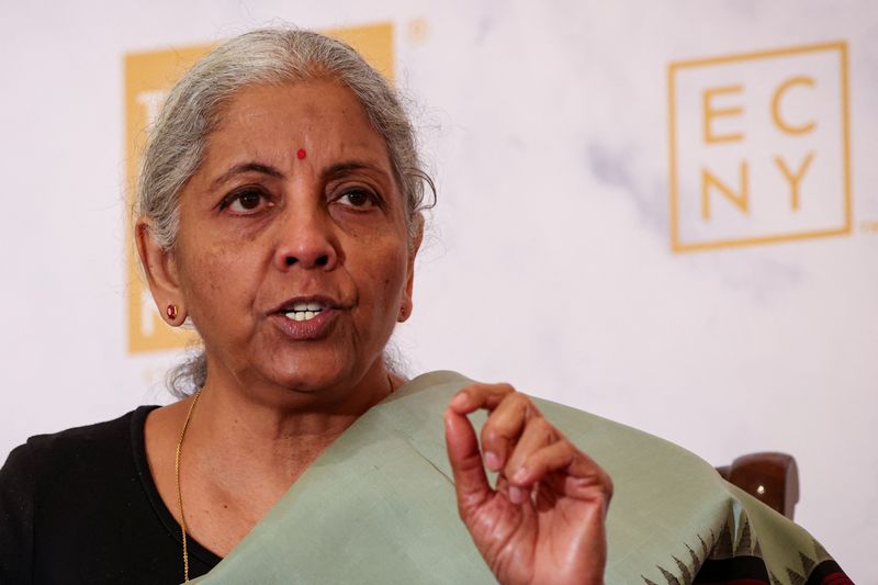 © Reuters. India's Finance Minister Nirmala Sitharaman speaks at the Economic Club of New York in New York City, US, October 21, 2024. REUTERS/Brendan McDermid/File Photo