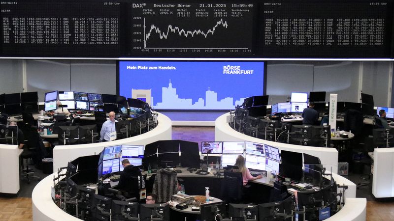  German share price index DAX graph is pictured at the stock exchange in Frankfurt, Germany, January 21, 2025.    REUTERS/Staff/File Photo