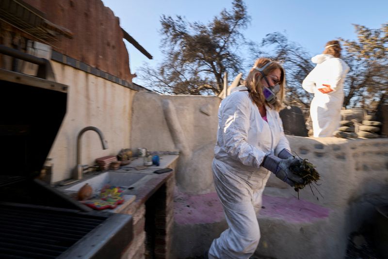 &copy; Reuters. Marialyce Pedersen cleans burned leaves and debris that accumulated in the sink of her outdoor kitchen made of cob that survived the Eaton Fire when her home burned in Altadena, California, U.S. January 20, 2025. REUTERS/Fred Greaves