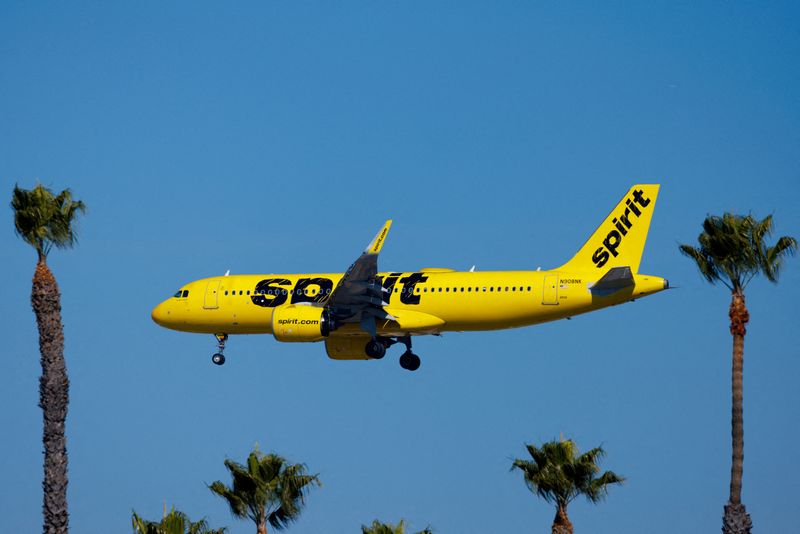 &copy; Reuters. FILE PHOTO: A Spirit commercial airliner prepares to land at San Diego International Airport in San Diego, California, U.S., January 18, 2024.   REUTERS/Mike Blake/File Photo