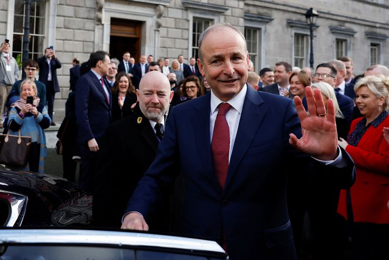 © Reuters. Taoiseach Micheal Martin reacts as he is elected as Ireland's Taoiseach (Prime Minister) in parliamentary vote, in Dublin, Ireland, January 23, 2025. REUTERS/Clodagh Kilcoyne