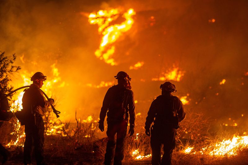 © Reuters. Firefighters battle the Hughes Fire near Castaic Lake, north of Santa Clarita, California, U.S. January 22, 2025.  REUTERS/Ringo Chiu