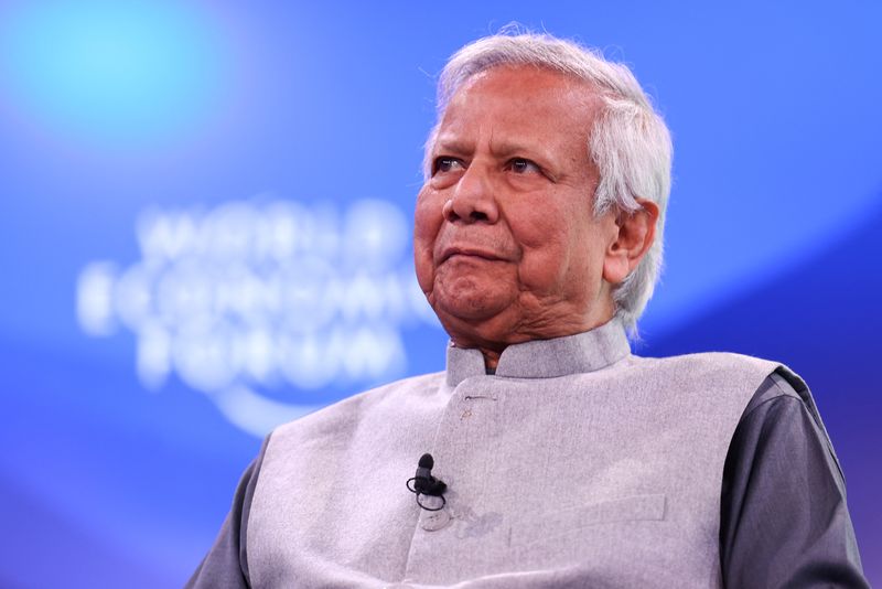 © Reuters. Muhammad Yunus, Chief Adviser of the Government of Bangladesh, attends the 55th annual World Economic Forum (WEF) meeting in Davos, Switzerland, January 23, 2025. REUTERS/Yves Herman