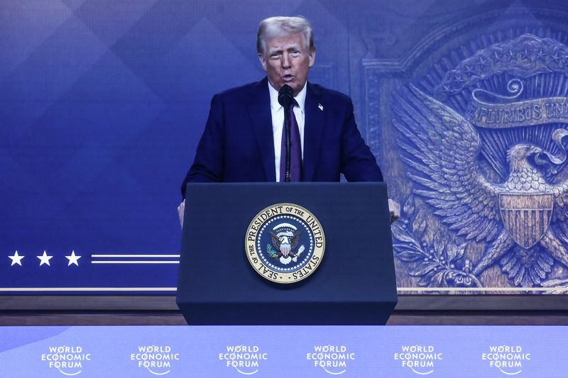 &copy; Reuters. U.S. President Donald Trump makes a special address remotely during the 55th annual World Economic Forum (WEF) meeting in Davos, Switzerland, January 23, 2025. REUTERS/Yves Herman