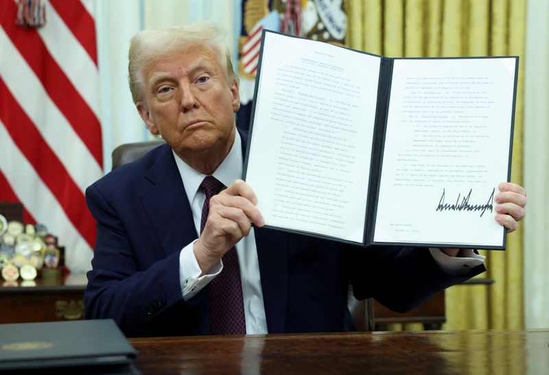 © Reuters. U.S. President Donald Trump holds a signed executive order on cryptocurrencies, in the Oval Office of the White House, in Washington, U.S., January 23, 2025.   REUTERS/Kevin Lamarque