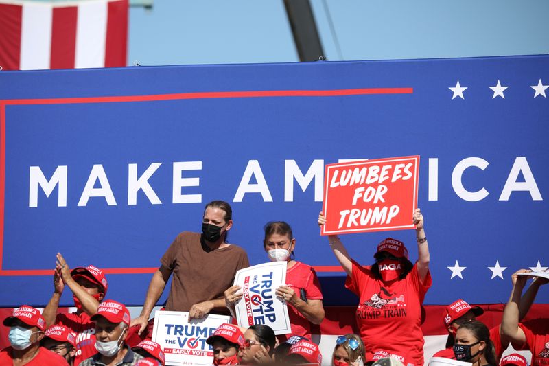 &copy; Reuters. FILE PHOTO: Audience members watch and hold up signs of support for the North Carolina Lumbee Tribe as U.S. President Donald Trump delivers remarks during a campaign event at the Robeson County Fairgrounds in Lumberton, North Carolina, U.S., October 24, 2