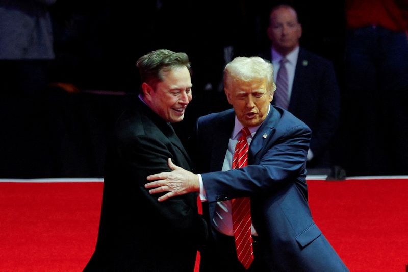 &copy; Reuters. FILE PHOTO: U.S. President-elect Donald Trump greets Tesla CEO and X owner Elon Musk during a rally the day before Trump is scheduled to be inaugurated for a second term, in Washington, U.S., January 19, 2025. REUTERS/Brian Snyder/File Photo