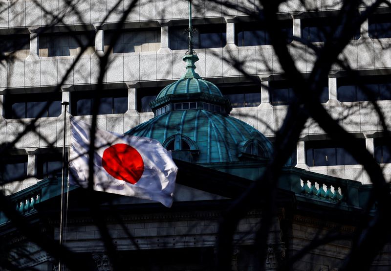 © Reuters. Japanese national flag hoisted atop of the Bank of Japan headquarters is seen through trees in Tokyo, Japan January 23, 2025.  REUTERS/Issei Kato