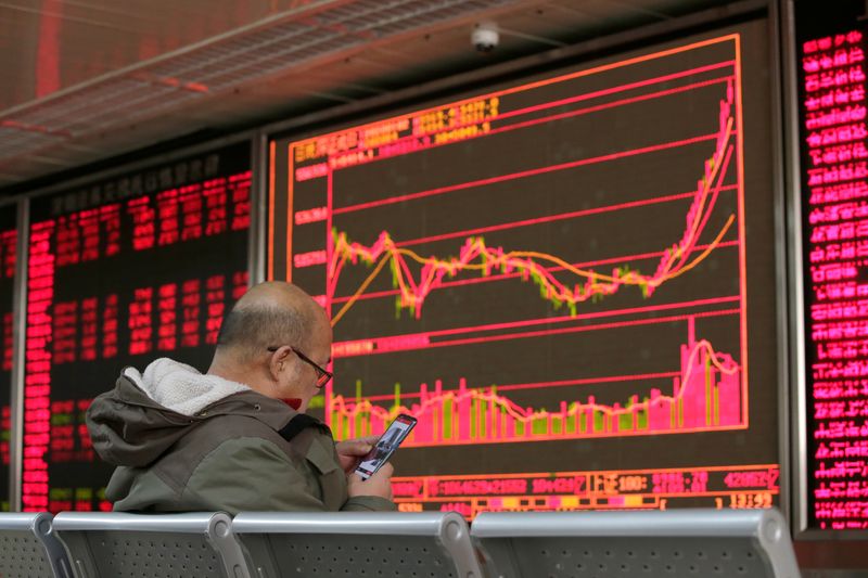 &copy; Reuters. An investor looks at his mobile phone in front of a board showing stock information at a brokerage office in Beijing, China January 2, 2020. REUTERS/Jason Lee/File Photo