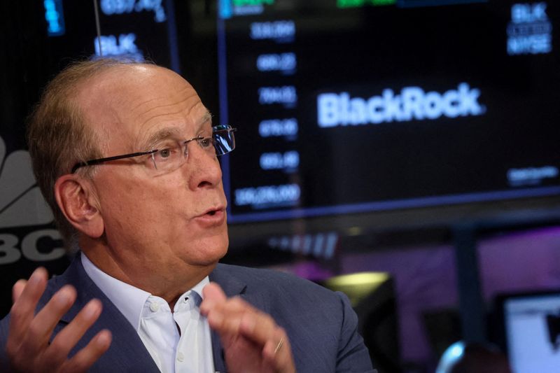 &copy; Reuters. Larry Fink, presidente e amministratore delegato di BlackRock, parla durante un'intervista con la Cnbc sul pavimento della Borsa di New York (Nyse) a New York City, Stati Uniti, 14 aprile 2023.  REUTERS/Brendan McDermid