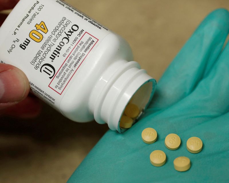 © Reuters. FILE PHOTO: A pharmacist holds prescription painkiller OxyContin, 40mg pills, made by Purdue Pharma L.D. at a local pharmacy, in Provo, Utah, U.S., April 25, 2017. REUTERS/George Frey/File Photo