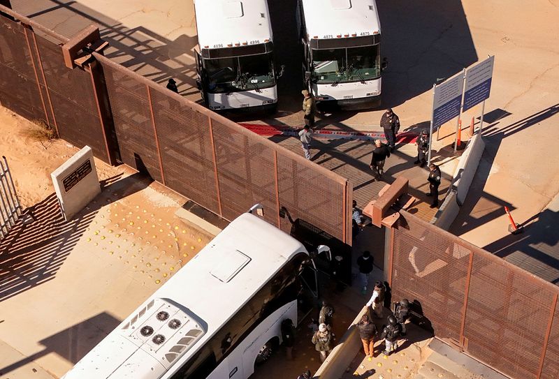 © Reuters. A drone view shows U.S. authorities expelling migrants, mostly Venezuelans, as they are met by Mexican authorities at the Jeronimo-Santa Teresa border crossing, as seen from Ciudad Juarez, Mexico, January 24, 2025. REUTERS/Jose Luis Gonzalez