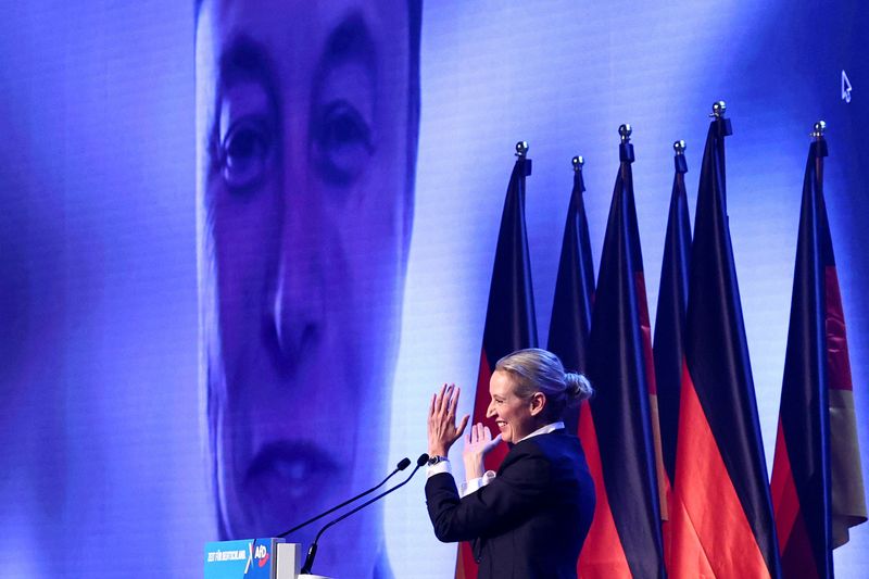 © Reuters. Alice Weidel, co -chairwoman of the alternative for Germany (AfD), applauds when the CEO of SpaceX Elon Musk is seen on the screen during the central election campaign AfD in Halle (Saale), Germany, January 25, 2025. Reuters/ Karina Hessland     